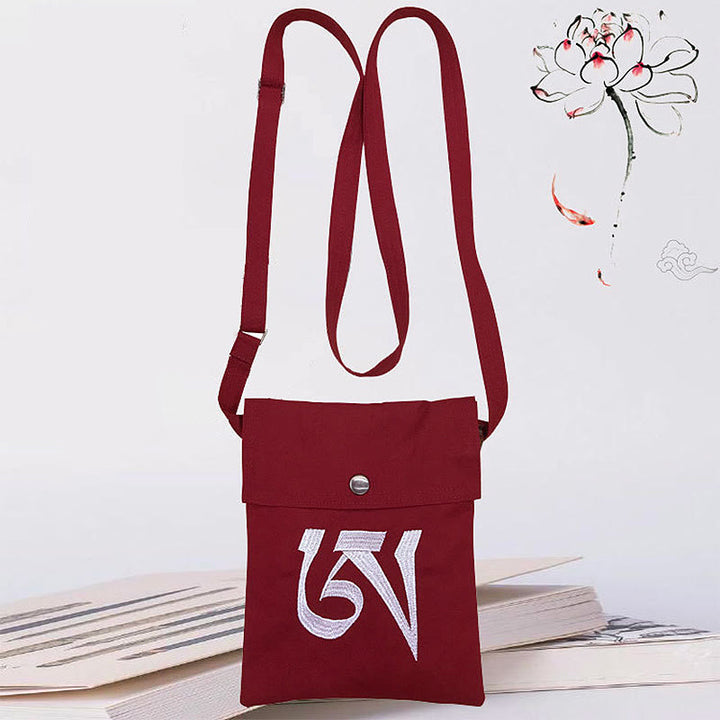 Handmade OM Mantra Embroidered Spiritual Mind Practice Cotton Crossbody Bag Shoulder Bag Cellphone Bag