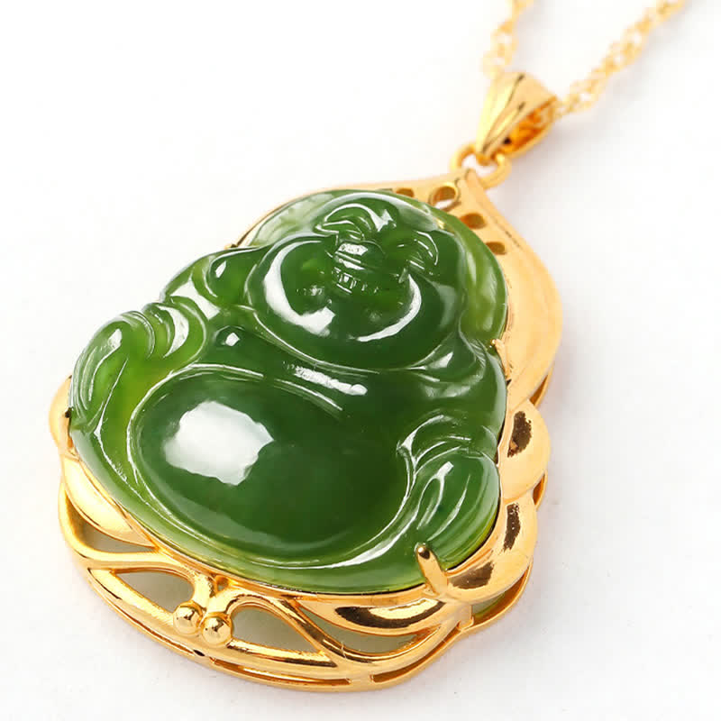 925 Sterling Silver Natural Hetian Cyan Jade Laughing Buddha 18K Gold Healing Necklace Chain Pendant