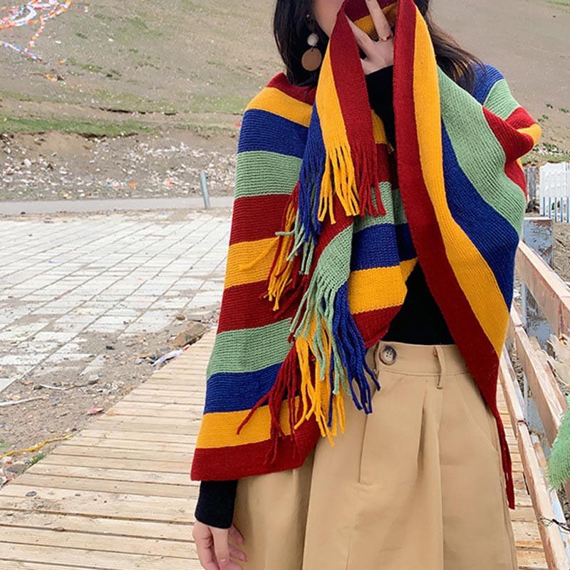 Buddha Stones Tibetan Colorful Striped Design Shawl Tassels Pullover Winter Cozy Travel Scarf Wrap