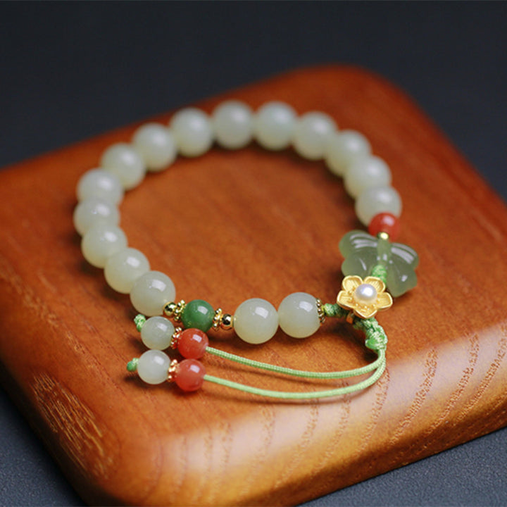 925 Sterling Silver Jade Luck Flower Butterfly Bracelet