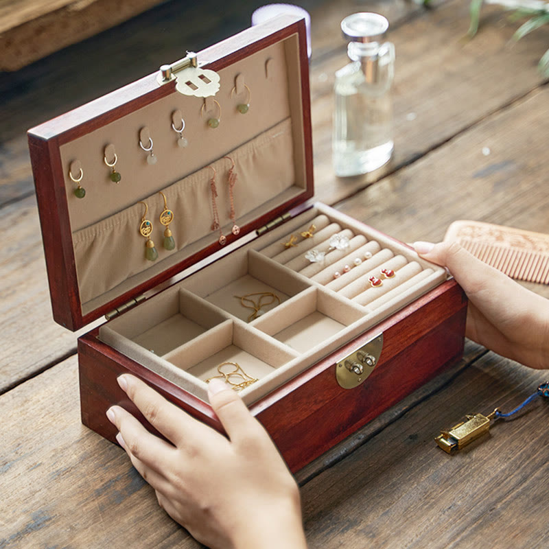 Antique Handmade Red Sandalwood Rosewood Jewelry Storage Box Lockable Solid Wood Gift Organizer Box