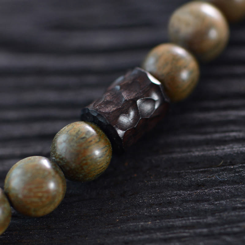 Buddha Stones Tibetan Green Sandalwood Ebony Wood Three-eyed Dzi Bead Fu Character Balance Peace Double Wrap Bracelet