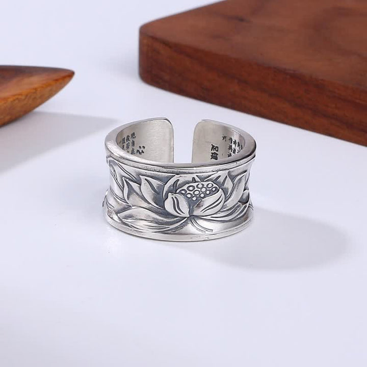 999 Sterling Silver Lotus Flower Heart Sutra Protection Ring