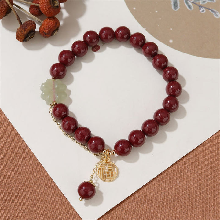 Buddha Stones Cinnabar Fu Character Hetian Jade Lucky Four Leaf Clover Blessing Bracelet