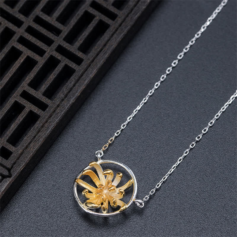 925 Sterling Silver Chrysanthemum Flower Blessing Necklace Pendant