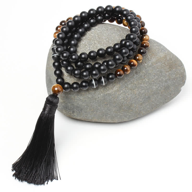 Buddha Stones Black Onyx Tiger Eye Fortune Bracelet Tassel Necklace Pendant