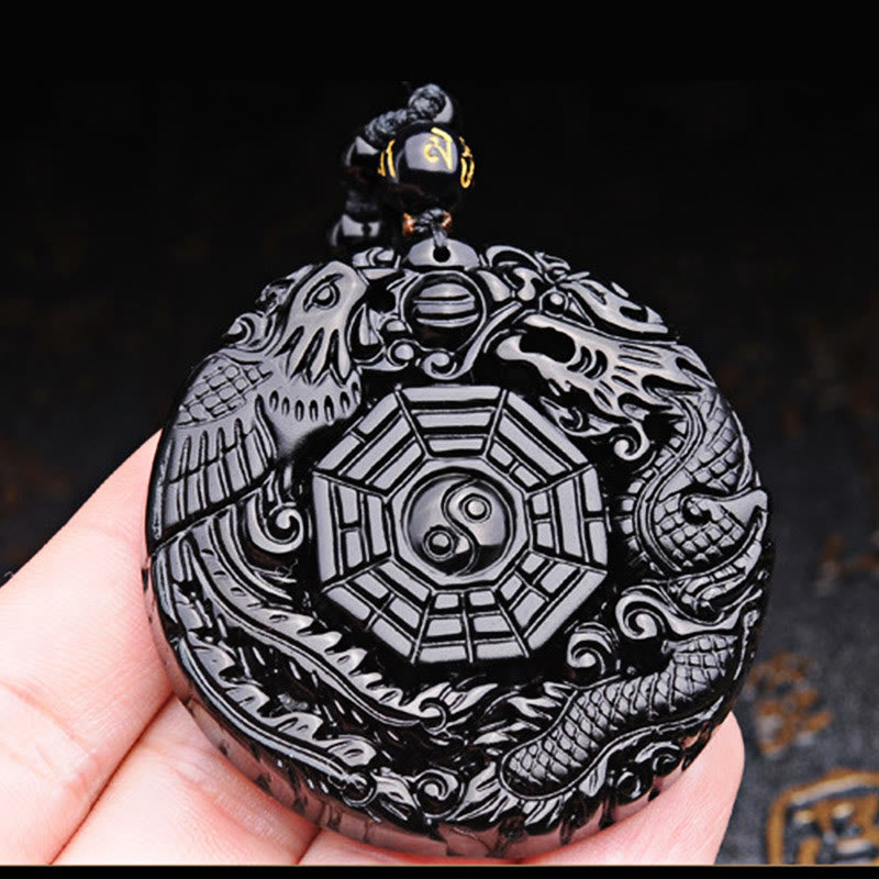 Buddha Stones Bagua Dragon Phoenix Obsidian Fulfilment Pendant Necklace