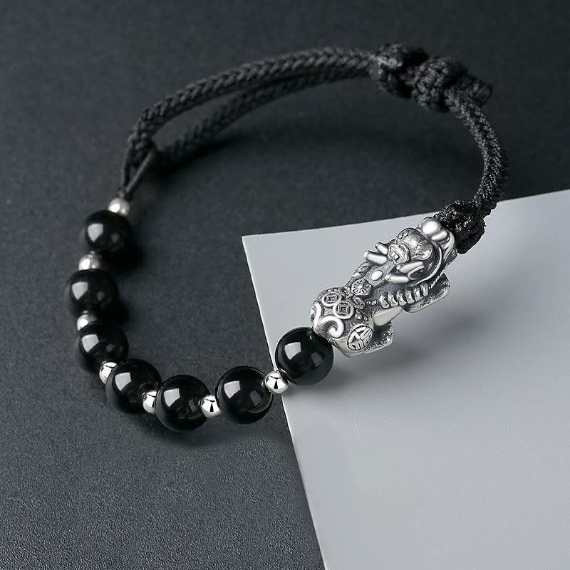 Buddha Stones 999 Sterling Silver FengShui PiXiu Natural Black Obsidian 925 Sterling Silver Bead Strength Bracelet