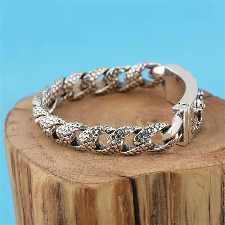 Buddha Stones Retro Dragon Scale Pattern Engraved Protection Bracelet