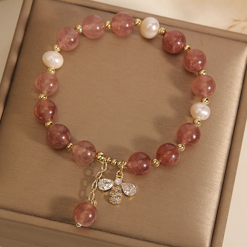 Buddha Stones Strawberry Quartz Pearl Cute Zircon Honeybee Positive Charm Bracelet