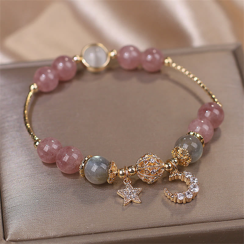 Buddha Stones Strawberry Quartz Moonstone Moon Star Love Bracelet