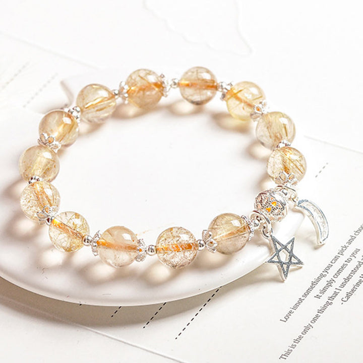 925 Sterling Silver Natural Citrine Happiness Moon Star Charm Bracelet