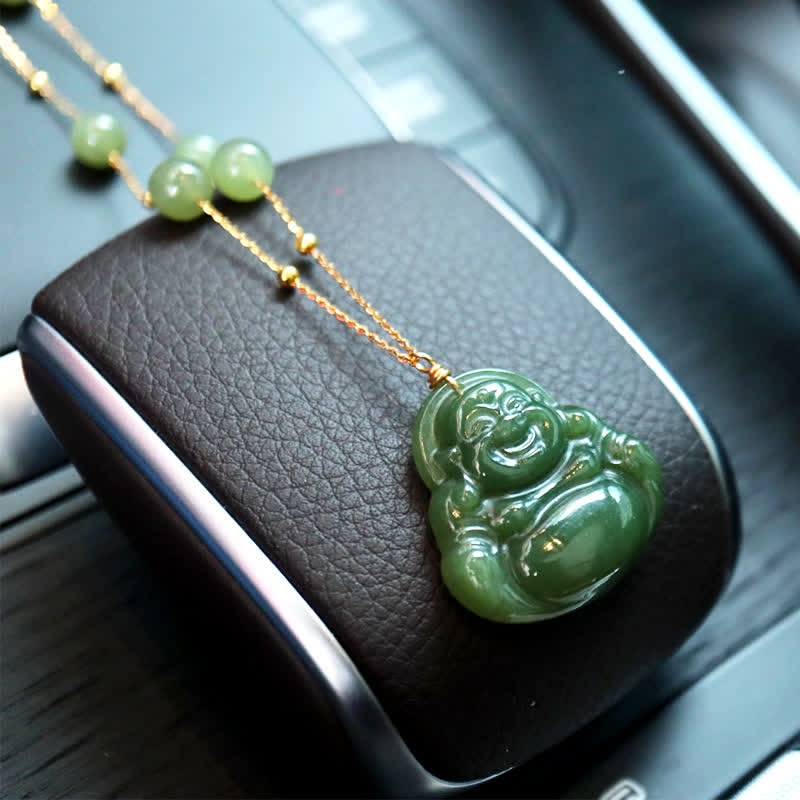 Laughing Buddha Hetian Jade Luck Necklace Bead Chain Pendant