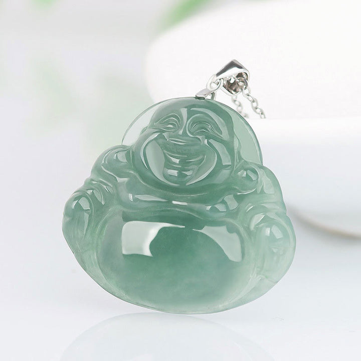 925 Sterling Silver Laughing Buddha Jade Protection Calm Necklace Chain Pendant