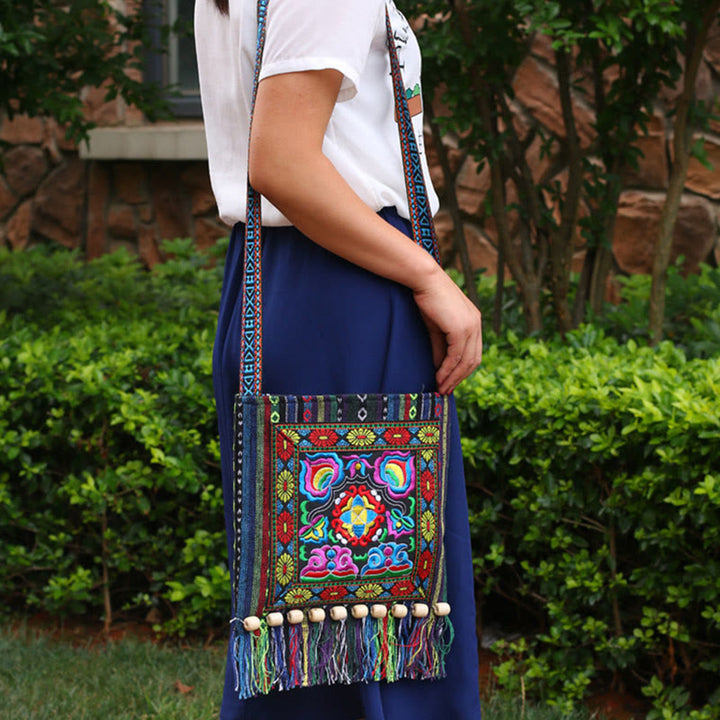 Tibetan Handmade Embroidered Camellia Canvas Shoulder Bag Crossbody Bag