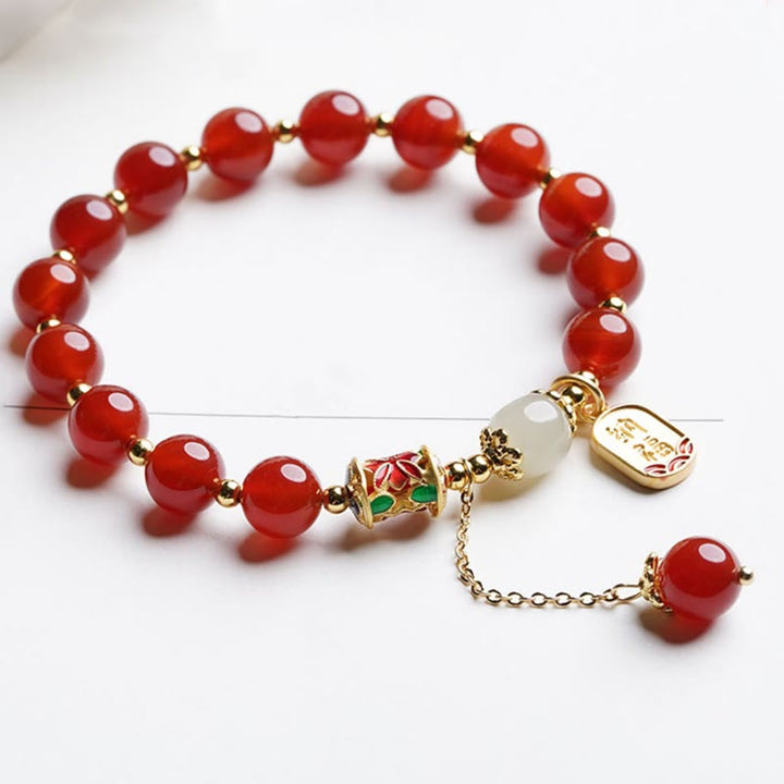 Buddha Stones Natural Red Agate Hetian Jade Fu Character Confidence Charm Bracelet