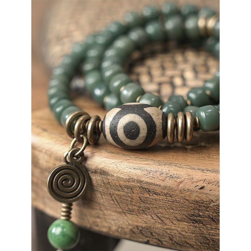 Cyan Bodhi Seed Dzi Bead Wisdom Peace Triple Wrap Bracelet