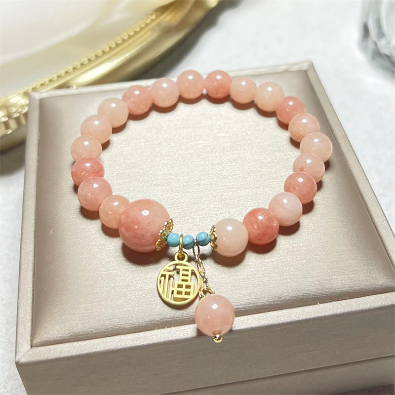 Buddha Stones Natural Orange Stone Turquoise Fu Character Charm Luck Fortune Bracelet