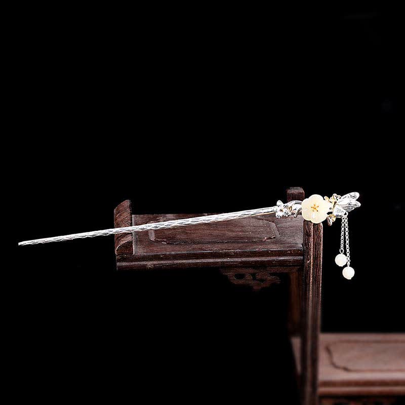 925 Sterling Silver Hetian White Jade Flower Blessing Hairpin