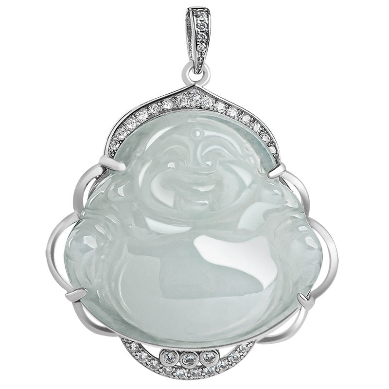 925 Sterling Silver Laughing Buddha Natural Jade Abundance Necklace Pendant