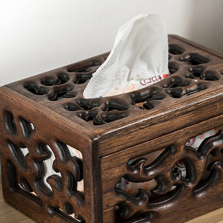 Retro Wooden Tissue Box Engraved Wooden Tissue Holder Wipes Boxes Decoration