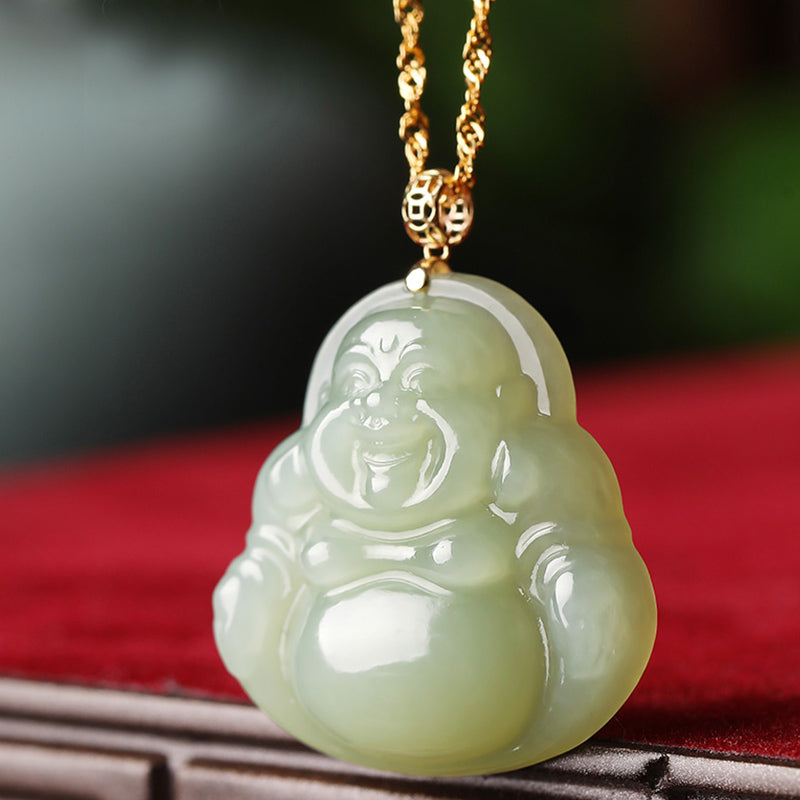 925 Sterling Silver Laughing Buddha Cyan Jade 18K Gold Success Necklace Pendant