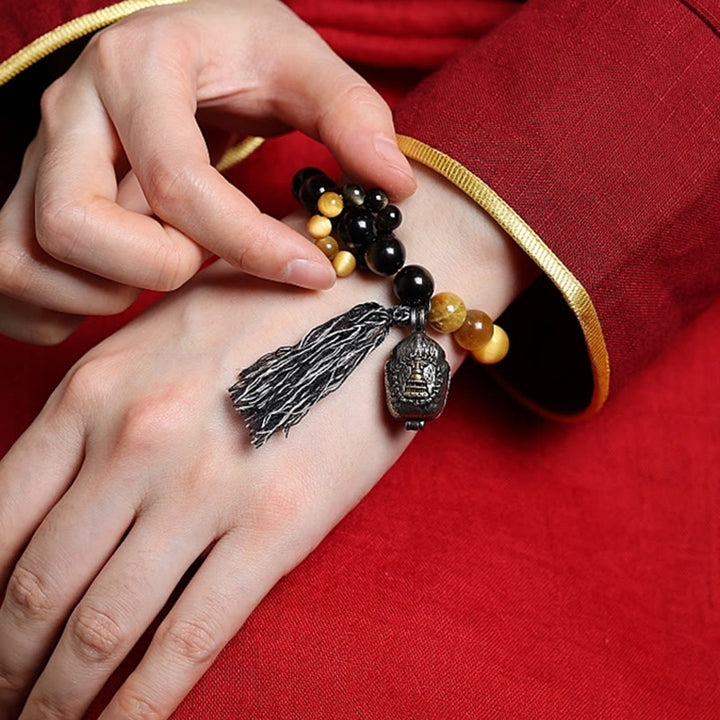 Buddha Stones Natural Gold Sheen Obsidian Tiger Eye Wealth Tassel Bracelet