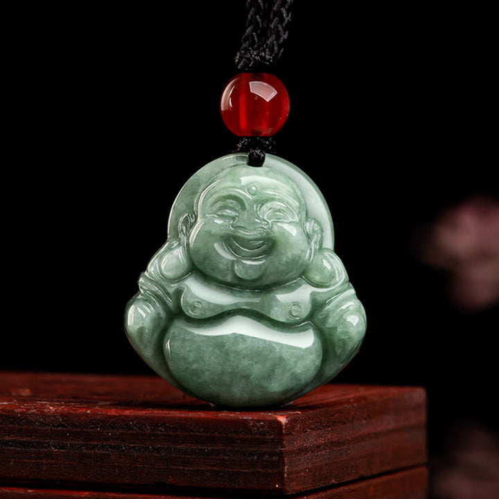 Buddha Stones Natural Green Jade Laughing Buddha Luck Abundance Necklace Pendant