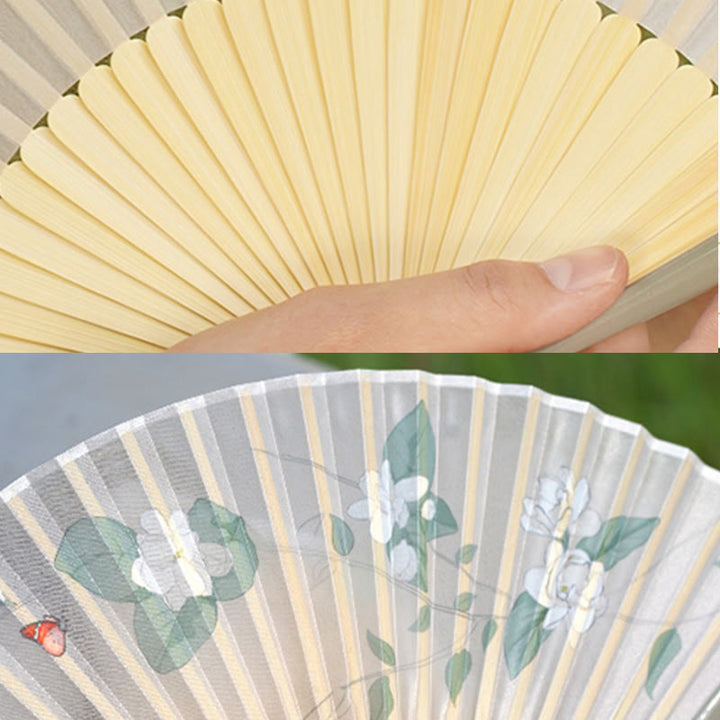 Buddha Stones Jasmine Flowers Handheld Bamboo Folding Fan