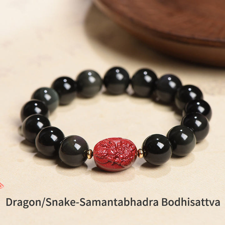 Buddha Stones Chinese Zodiac Natal Buddha Natural Black Obsidian Cinnabar Purification Bracelet