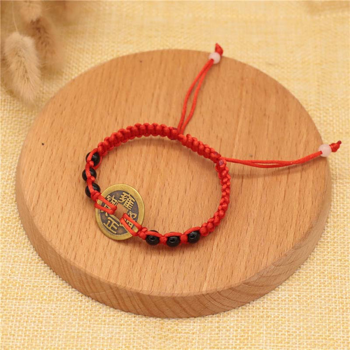 Buddha Stones Copper Coin Fortune Red String Weave Bracelet