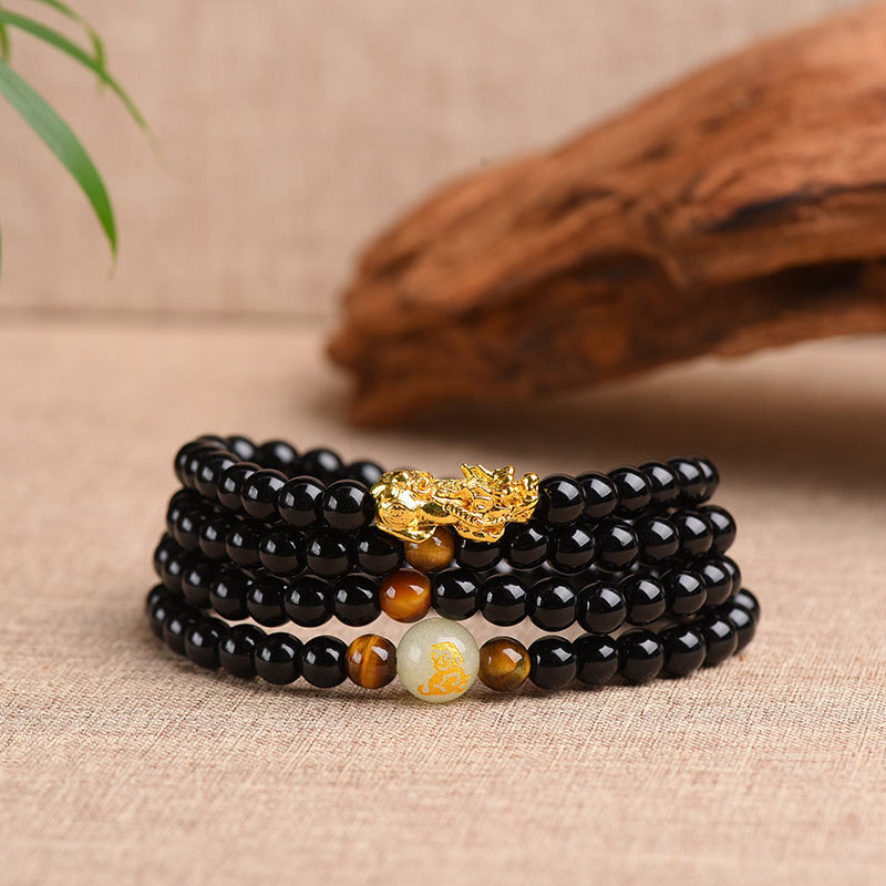 Chinese Zodiac Obsidian PiXiu Protection Mala Bracelet