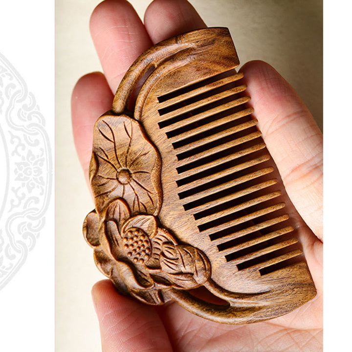 Natural Green Sandalwood Lotus Flower Leaf Engraved Soothing Comb