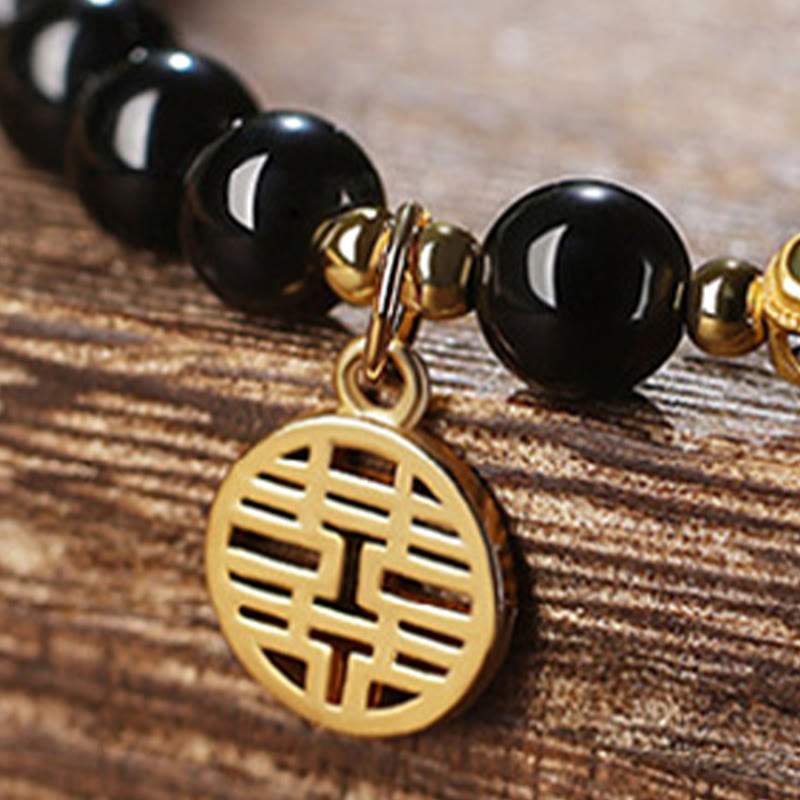 Natural Black Obsidian Hetian Jade Gourd Double Happiness Strength Bracelet