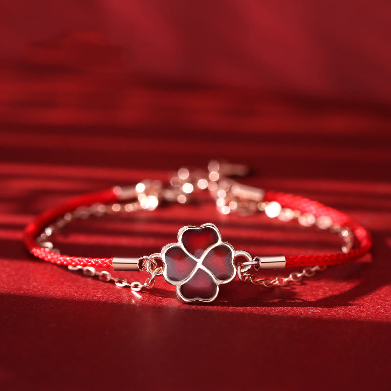 Buddha Stones 925 Sterling Silver Color-changing Four Leaf Clover Luck Protection Red String Bracelet