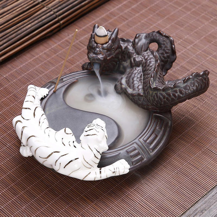 Tiger Dragon Backflow Smoke Fountain Ceramic Yin Yang Blessing Incense Burner Decoration