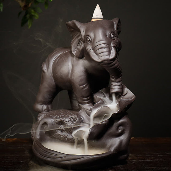 Tibetan Elephant Purple Clay Backflow Smoke Fountain Peace Healing Incense Burner Decoration