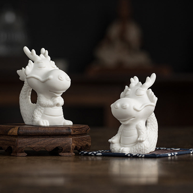 Buddha Stones Year Of The Dragon Luck White Porcelain Ceramic Tea Pet Home Figurine Decoration