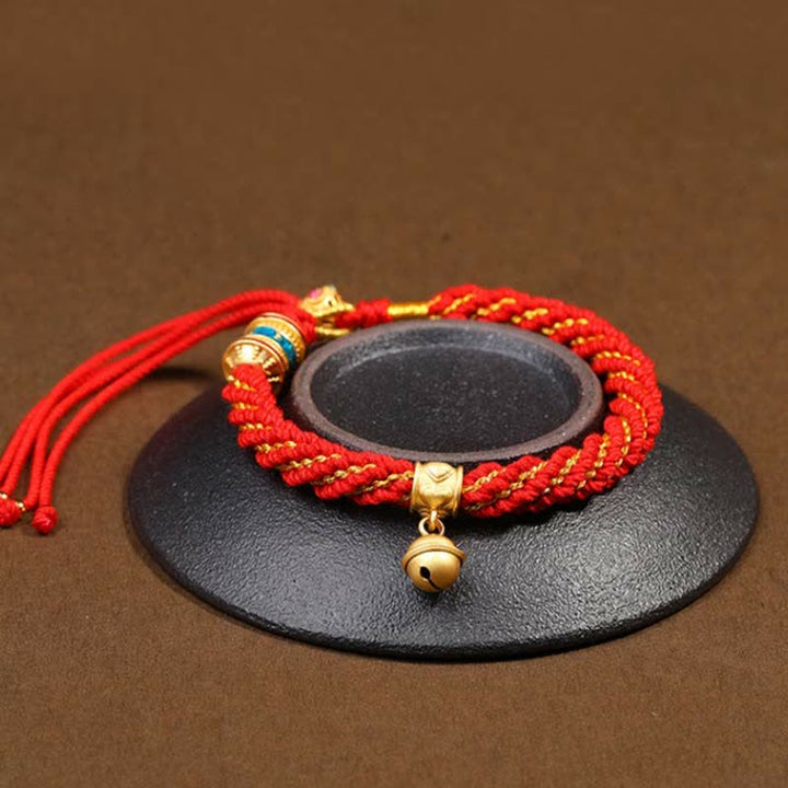 Tibetan Handmade Luck Protection Thangka Prayer Wheel Bell Charm Braid String Bracelet