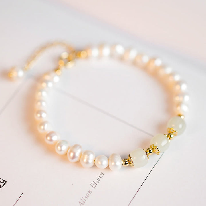 14K Gold Plated Natural Pearl Hetian Cyan Jade White Jade Sincerity Bead Chain Bracelet