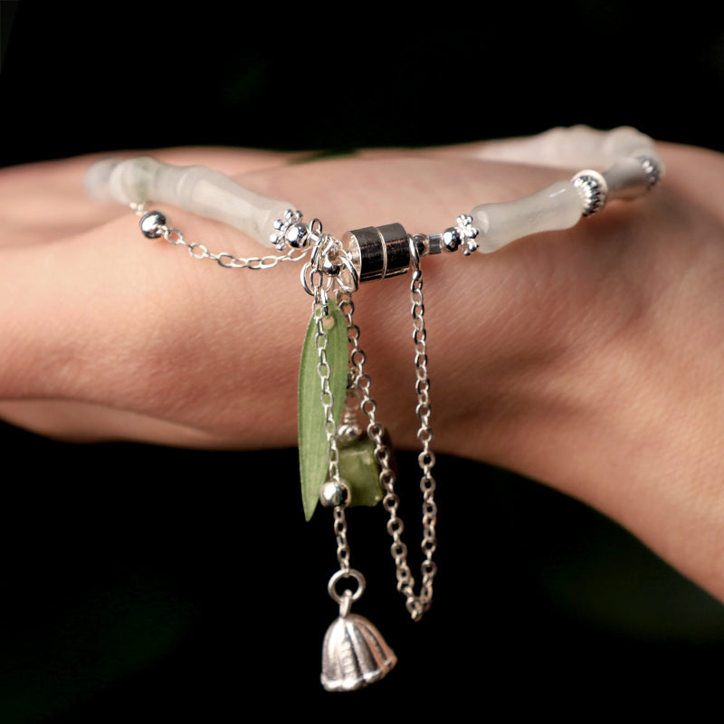 Buddha Stones 925 Sterling Silver Natural White Jade Bamboo Leaf Lantern Charm Happiness Bracelet