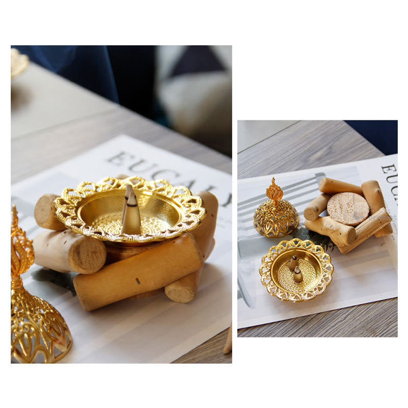 Gold Alloy Healing Mini Incense Burner With Wooden Coaster Home Decor