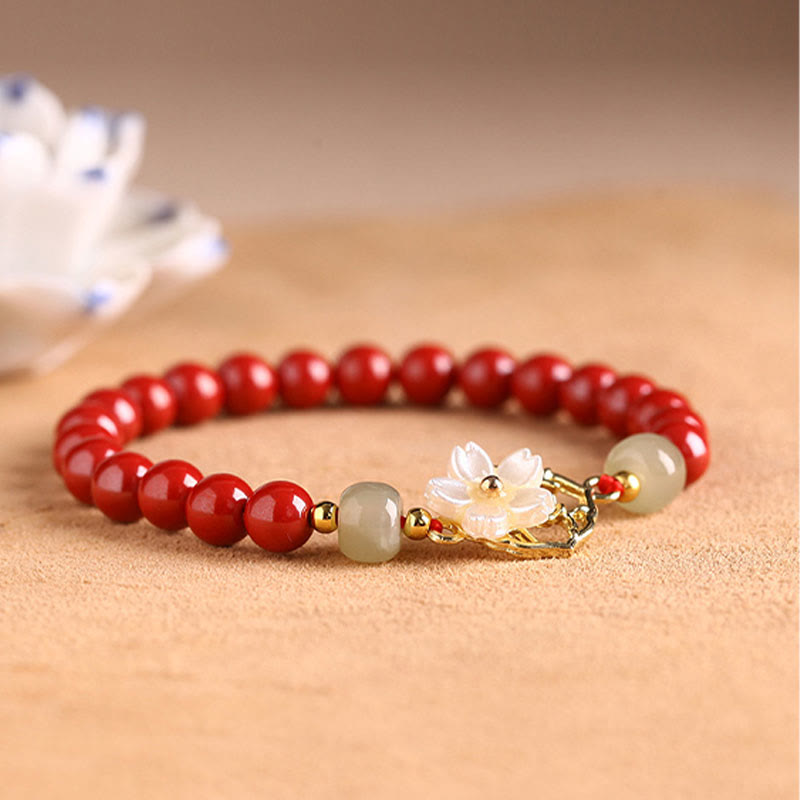 Buddha Stones Natural Cinnabar Jade Beaded Tridacna Stone Flower Blessing Bracelet