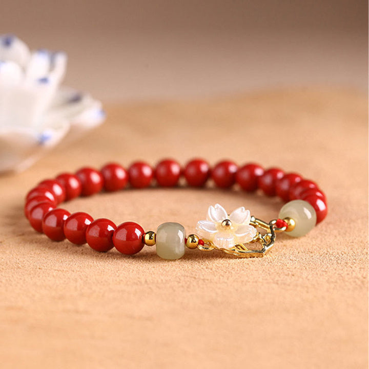 Buddha Stones Natural Cinnabar Jade Beaded Tridacna Stone Flower Blessing Bracelet