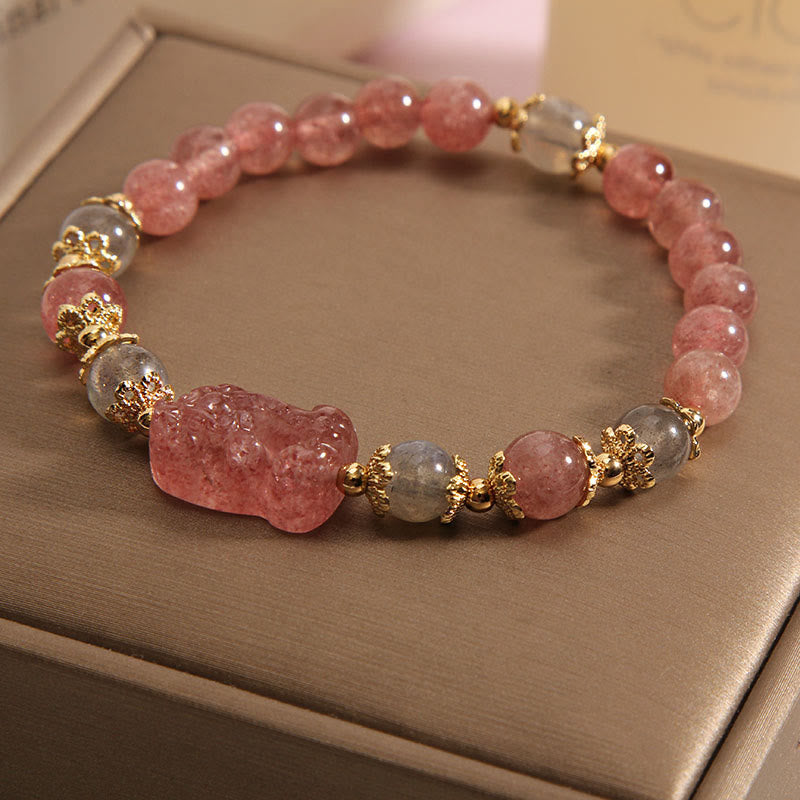 Buddha Stones Natural Strawberry Quartz Moonstone PiXiu Positive Bracelet