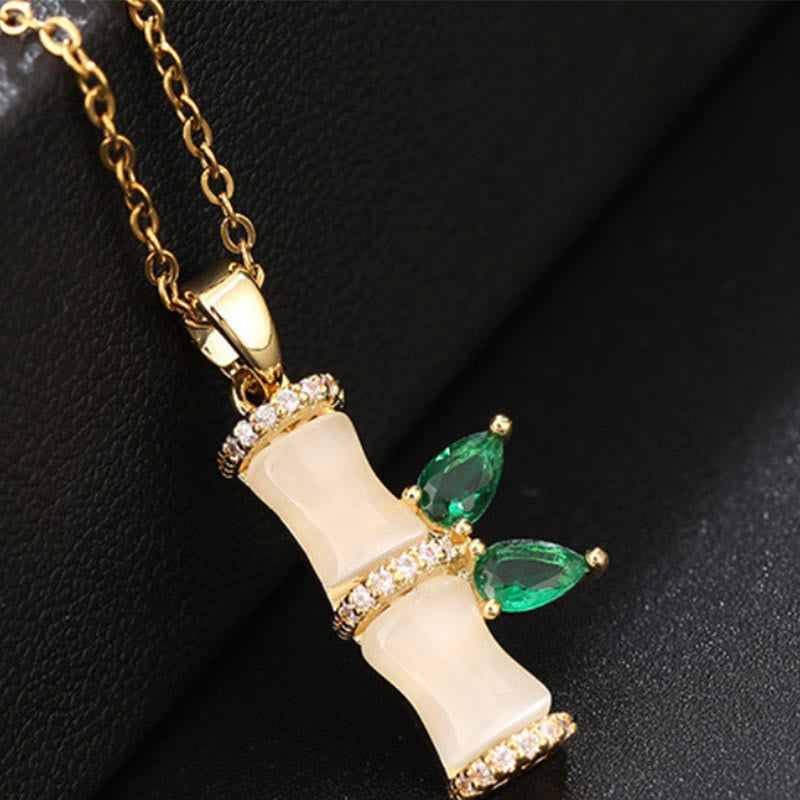 Buddha Stones 18K Gold Plated Chalcedony Bamboo Rhinestones Harmony Necklace Pendant