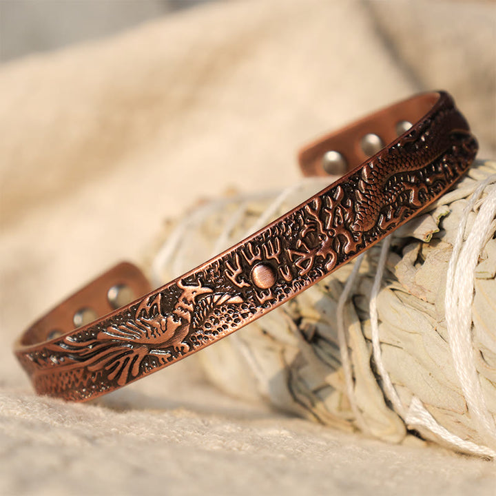 Buddha Stones Dragon Phoenix Magnetic Solid Copper Cuff Bracelet Bangle