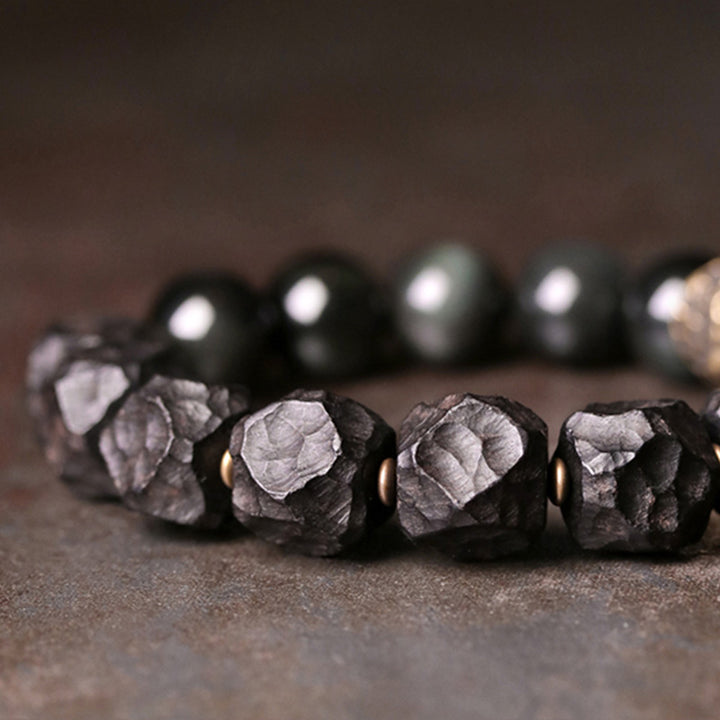 Buddha Stones Black Obsidian Ebony Wood Copper Strength Couple Bracelet