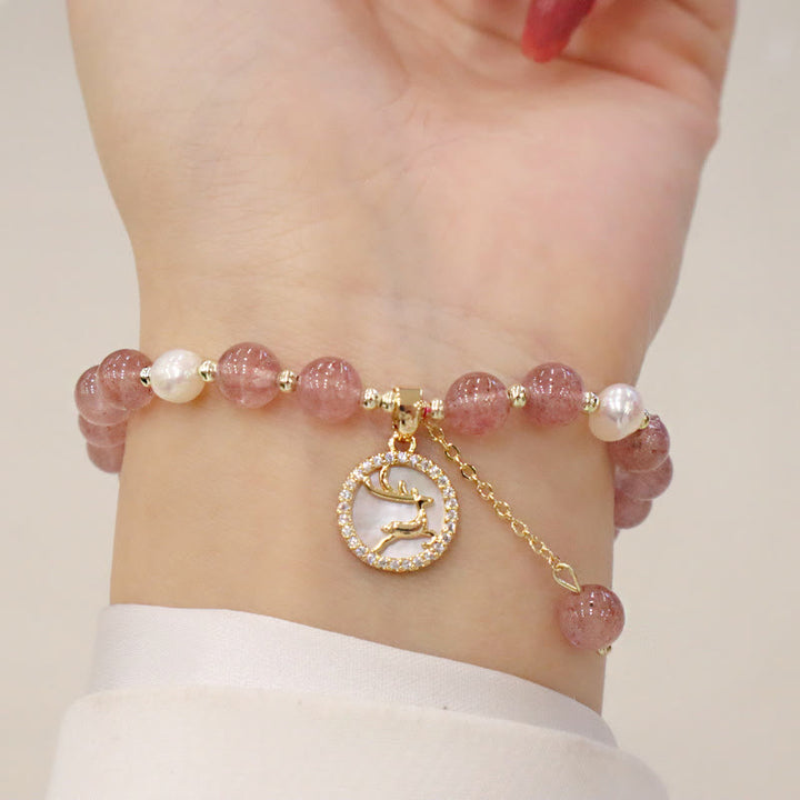 Buddha Stones Strawberry Quartz Pearl Elk Smiley Face Fishtail Fu Character Charm Healing Bracelet