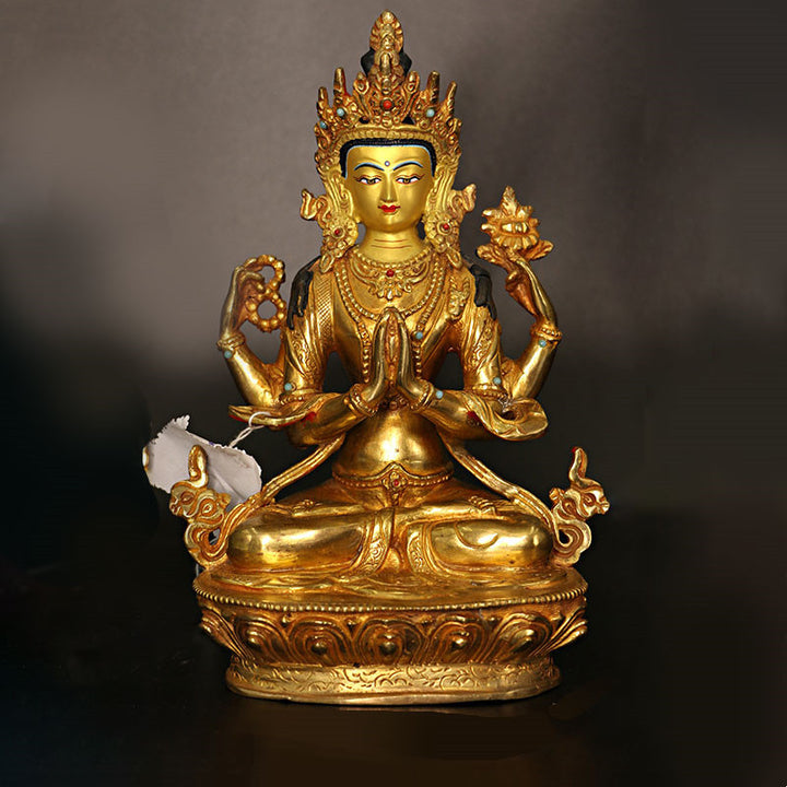 Bodhisattva Tara Chenrezig Four-armed Avalokitesvara Protection Copper Gold Plated Statue Decoration